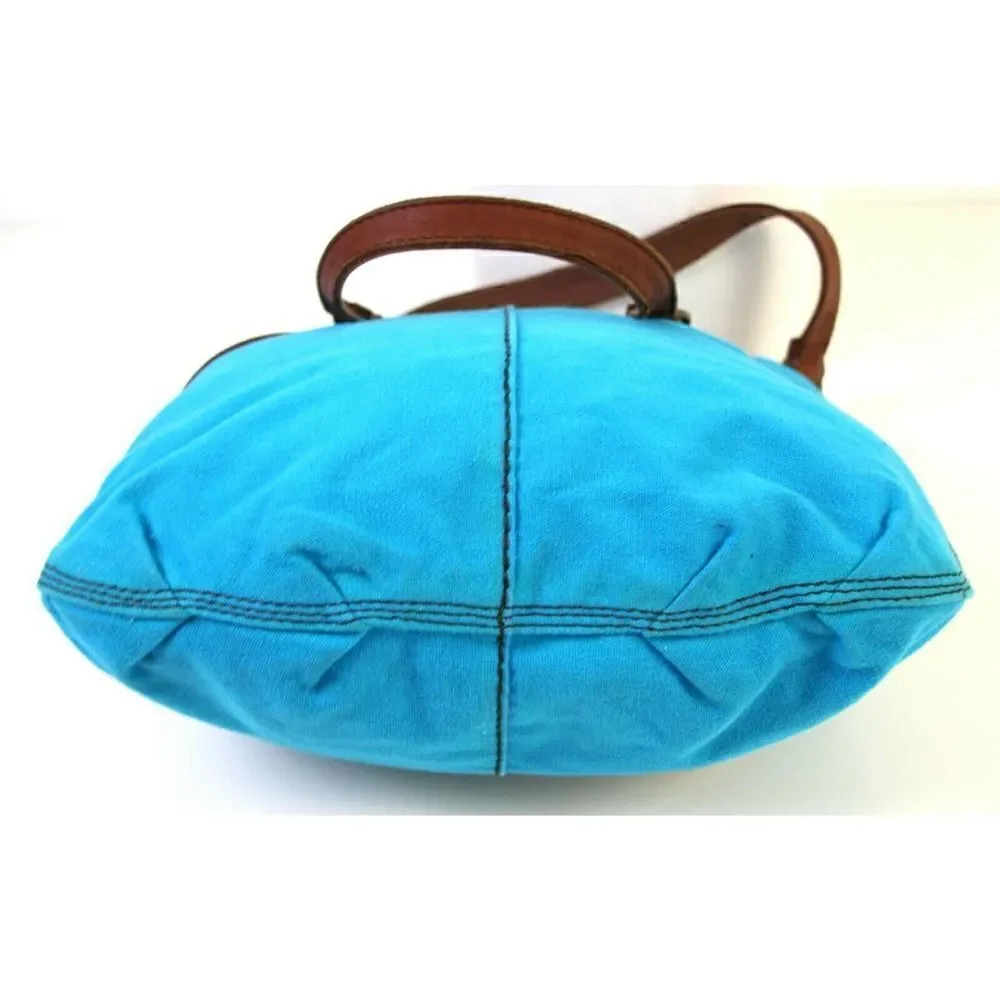 LUCKY BRAND BANDIT FOLDOVER BLUE COTTON BROWN LEATHER TOTE SHOULDER BAG HANDBAG